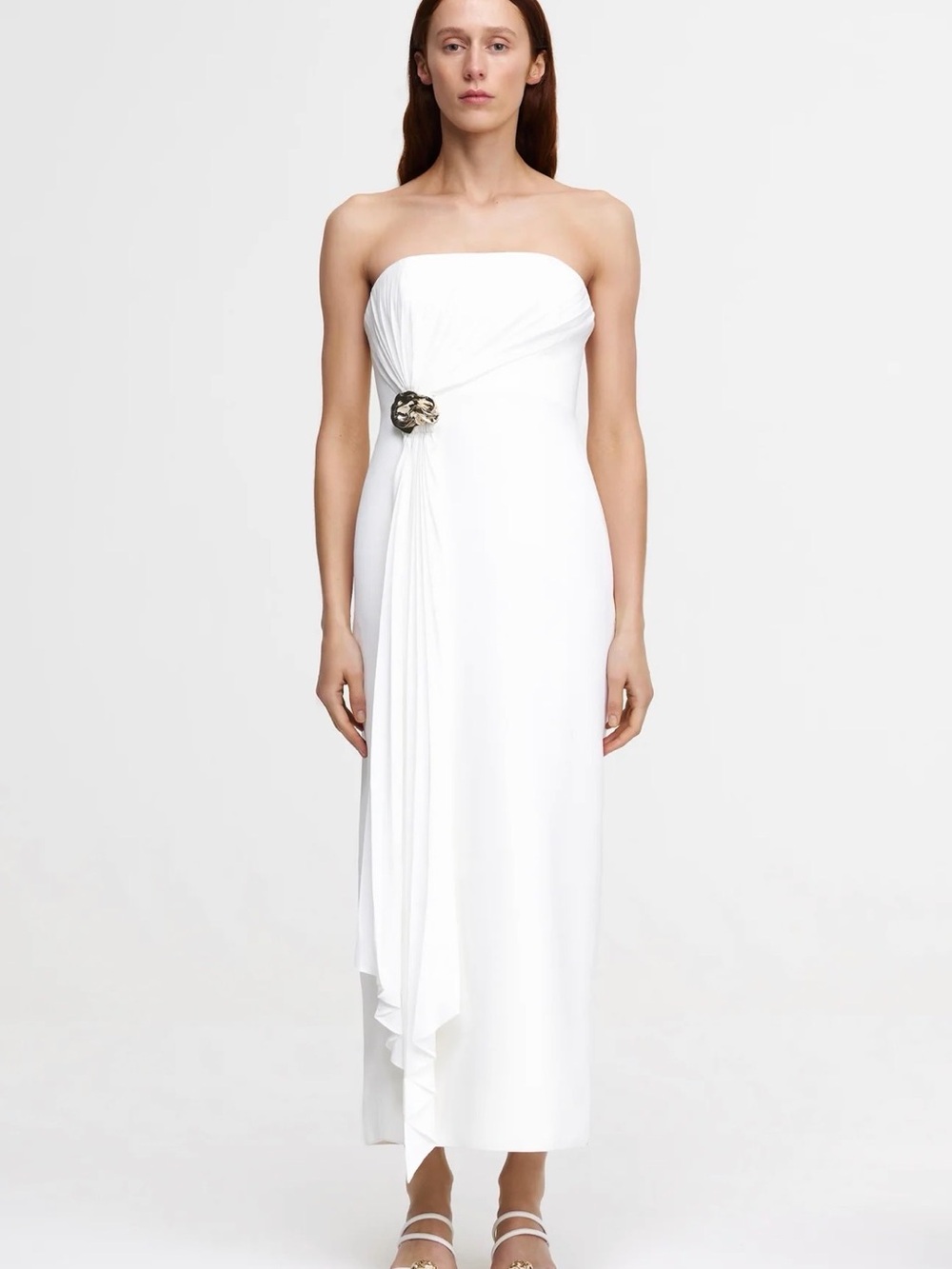 Acler Strapless White Draped Whitnell Midi Dress